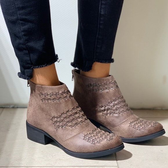 Buckle Shoes - Taupe Woven Top Distressed Boho Ankle Booties